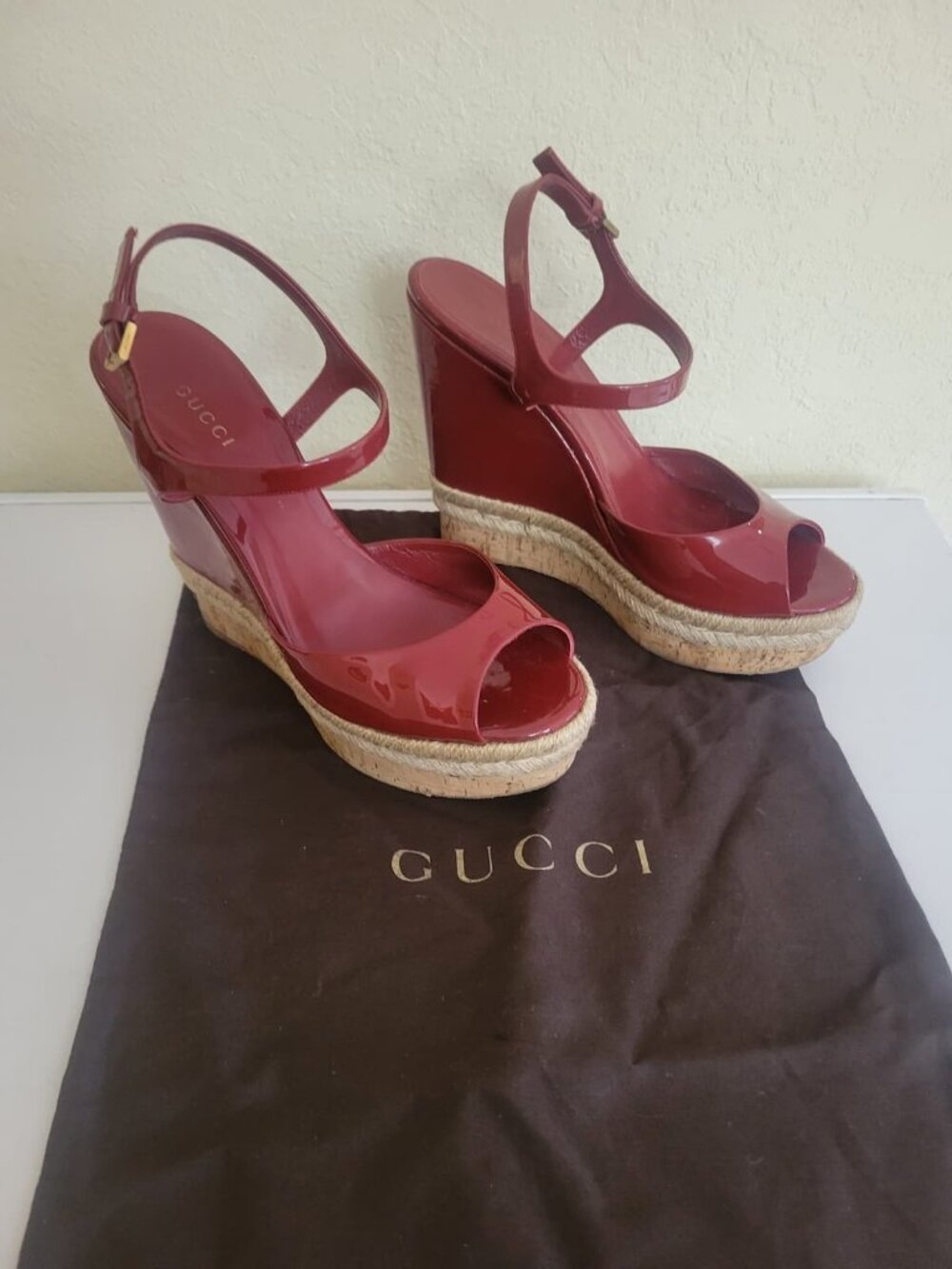 Gucci Red Patent Leather Espadrille Wedge Sandals US 8